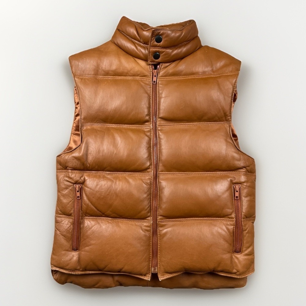 Vtg Philippe Monet Men S Genuine Leather Puffer Vest Down Feather Brown Biker‎